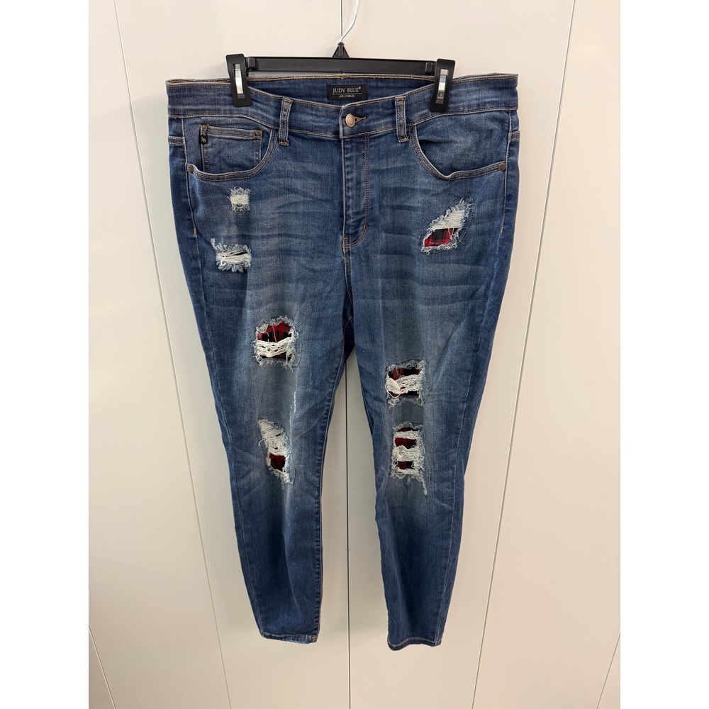 Judy Blue Skinny Fit Distressed Plaid Patch Jeans 16W Medium Wash JB8268DK-PL